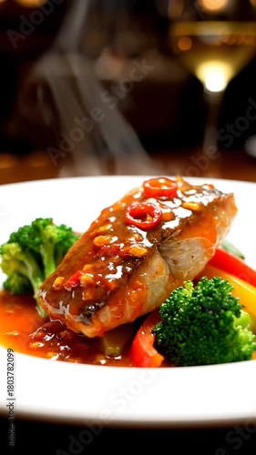 Gourmet salmon dish with vegetables on plate in restaurant setting