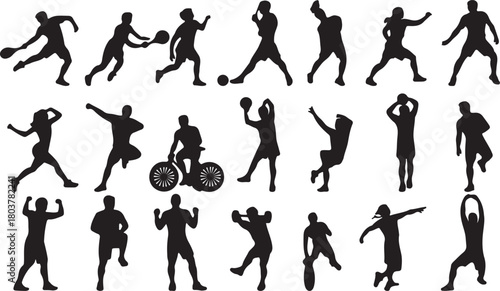 Diverse athletes in silhouette are shown engaged in various sports activities on a transparent background