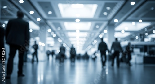 Blurred silhouettes of business people walking through a modern brightly lit convention center hall