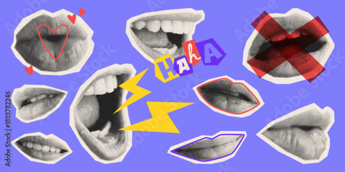 Halftone mouths set isolated on blue background. Contemporary vector illustration of female lips smiling, talking, kissing, shouting, laughing, retro style gossip collage elements, secret discussion