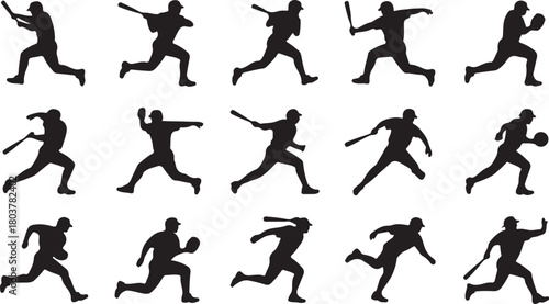Fifteen baseball players in silhouette illustrate different actions on the field, transparent background