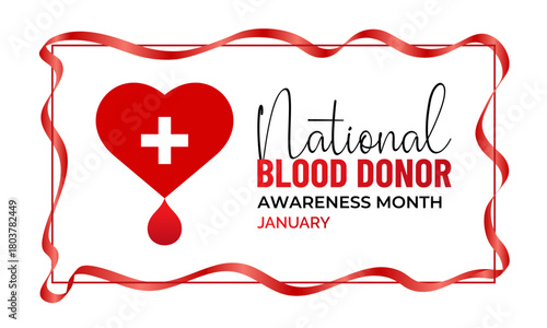 National Blood Donor Awareness Month vector design featuring red blood drop symbols and awareness ribbon for January health campaign. Banner poster, flyer and background design template.