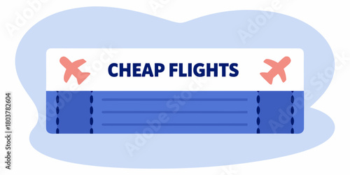 Promotional banner for cheap flights with blue background and airplane icons