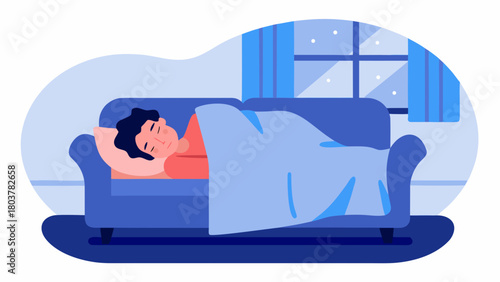Man sleeping peacefully on couch with blue blanket and cozy background