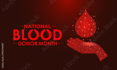 National Blood Donor Awareness Month vector design featuring red blood drop symbols and awareness ribbon for January health campaign. Banner poster design. Designed in a low poly style.