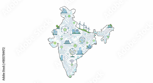 Conceptual outline map of India illustrating technological advancement, industrial development, and sustainable energy infrastructure with various symbolic icons