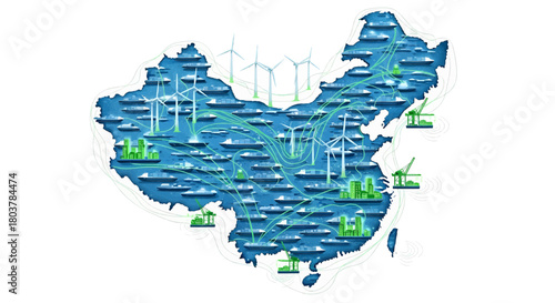 Vibrant illustration depicting China's integrated economic landscape, highlighting logistics networks, industrial development, and renewable energy infrastructure across its geographical map