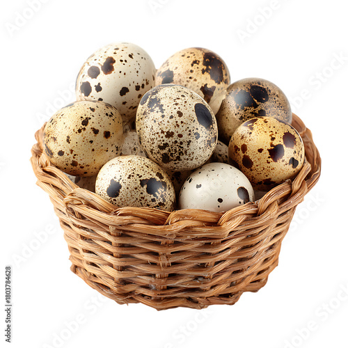 Quail eggs in a wicker basket isolated on transparent background, closeup view