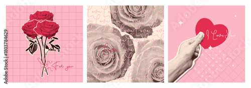Halftone Valentine day collage in soft pink colors - romantic vintage paper cutouts of roses, flower bouquet and hand holding heart. Love themed social media graphics with retro photocopy texture.