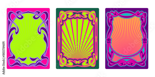 Art nouveau ornament frames with vintage floral borders and radial sunburst patterns in vibrant neon colors. Decorative vector templates with elegant curvy motifs for poster or invitation design.