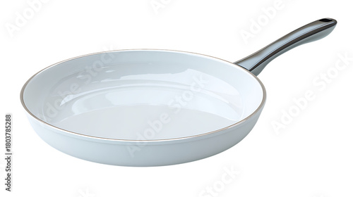 White nonstick frying pan with gray handle isolated on transparent background