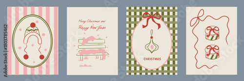 Hand drawn la dolce vita Christmas doodles. Vector illustration cards icon with bows, ball and gift box. Minimalist winter line art for invitations, stationery, printables, social media, wall art.