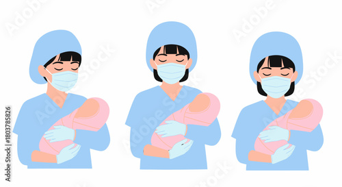 Three medical professionals wearing masks holding newborn babies, healthcare concept.