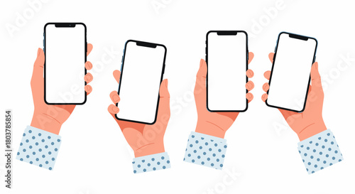 Four hands holding smartphones with blank screens, showcasing different angles and orientations.