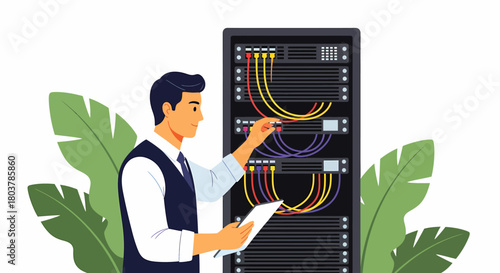A male IT technician in a vest checks network server equipment while holding a clipboard.