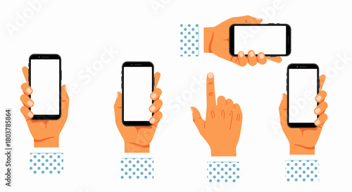 Multiple hands holding smartphones in various orientations and a hand pointing, illustrating mobile device interaction.