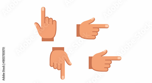 Four different hand gestures pointing in various directions, including up, down, and right, on a white background.