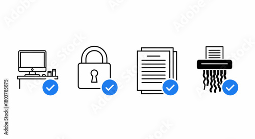 A set of four line icons representing data security and document management, including a computer, a lock, papers, and a shredder, each with a blue checkmark.