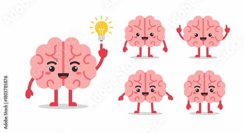 A collection of cute cartoon brains with different expressions and one with a lightbulb symbolizing an idea.