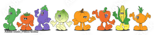 Retro vegetable characters set isolated on white. Vector cartoon illustration of groovy cucumber, tomato, eggplant, cabbage, pumpkin, bell pepper, corn, onion mascots with funny faces, healthy food