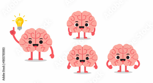 Cartoon brains with different poses, one with an idea, others standing and smiling.