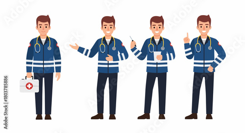 Paramedic man in different poses with medical equipment.