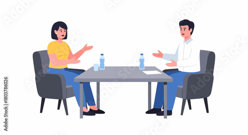 Two people sitting at a table, engaged in a discussion, with water bottles and glasses on the table.