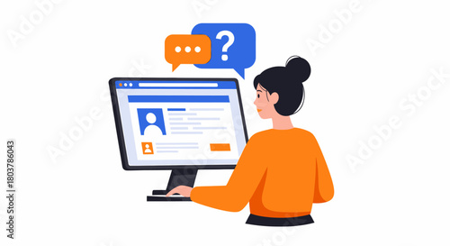 Woman using a computer, interacting with a website, and communicating with speech bubbles.