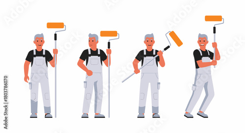 Four illustrations of a painter in white overalls holding paint rollers in different positions.