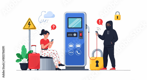 A woman using a phone at an electric car charging station while a hacker in a mask attempts to steal data.