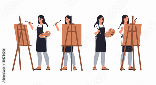 Set of illustrations showing a female artist in various poses painting on an easel with a palette and brush, isolated on a white background.