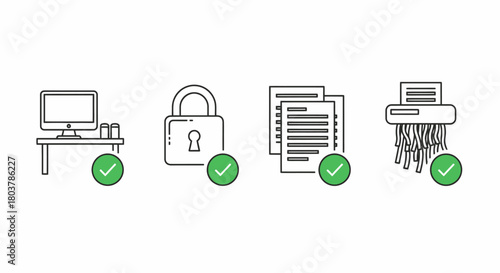 Information security policy icons for clean desk, data protection, document management, and secure disposal.