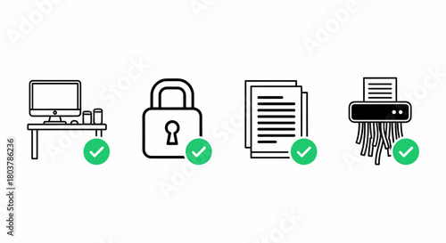 Icons representing data security, document management, and privacy measures with green checkmarks.