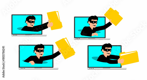 Illustration depicting a hacker stealing data from a computer, representing cybercrime and data theft.