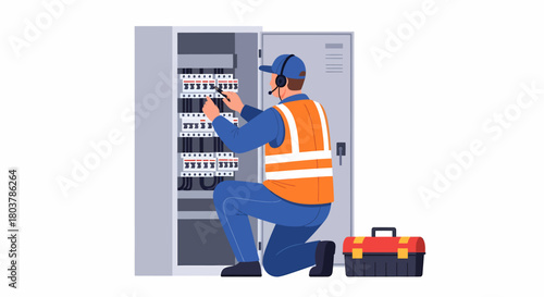An electrician in a safety vest and headset kneels to work on an open electrical panel with tools.