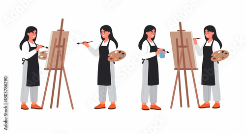 Four illustrations of a female artist painting on a canvas with different poses and tools.