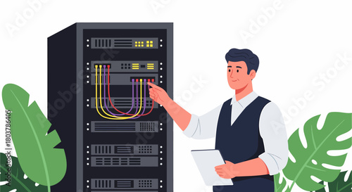 An IT specialist or system administrator managing network cables and equipment in a server rack.