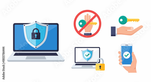 Image depicting digital security measures, including laptops, shields, locks, and keys, emphasizing protection.