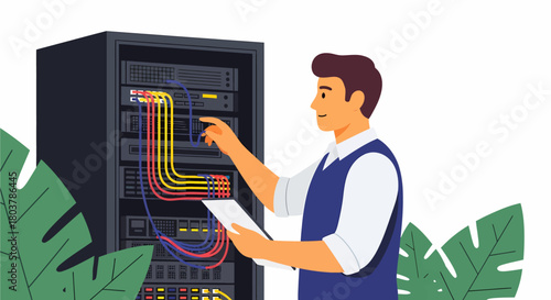 Man inspecting server rack with cables and holding a tablet.