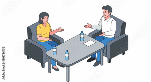 An isometric illustration of a man and a woman sitting in armchairs at a table, engaged in a serious conversation or meeting.