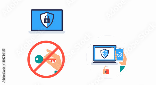 Cybersecurity icons illustrating passwordless access, data protection, and multi-factor authentication on devices.