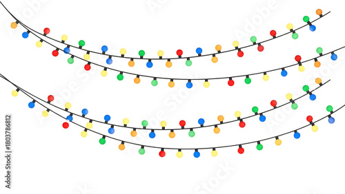 Festive string lights with colourful bulbs vector illustration for holiday decorations isolated on white background