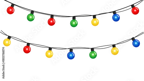 Festive string of Christmas lights colourful vector illustration for holiday decoration isolated on white background