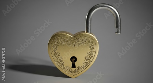 A golden, heart-shaped padlock with a silver shackle in the open position, adorned with a floral design around the edges against a gray background.
