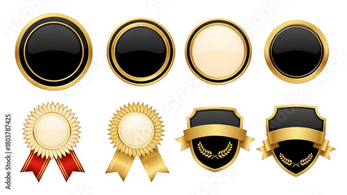 Set of elegant gold and black badge vectors decorative seal and emblem designs perfect for awards and product endorsements isolated on white background