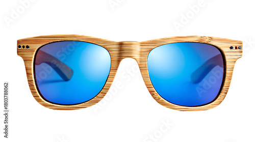 Wooden frame sunglasses with blue lens isolated on transparent background for summer