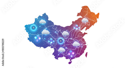 Digital Map of China with Connected Cloud Icons Representing Global Network and Data Flow