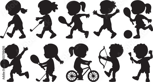 Silhouette children are actively engaged in various sports activities and play on a transparent background