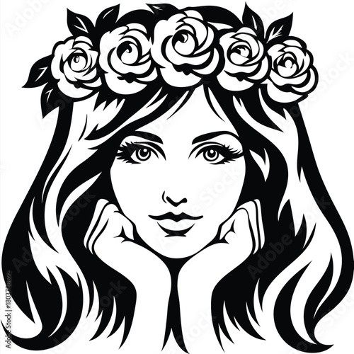 Monochrome portrait of a beautiful woman with long hair and floral crown rests her chin