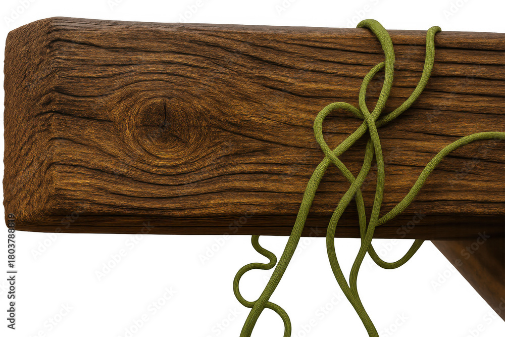 Obraz premium Wooden beam with green vine wrapping around, showing rustic texture, natural plant growth, and transparent background